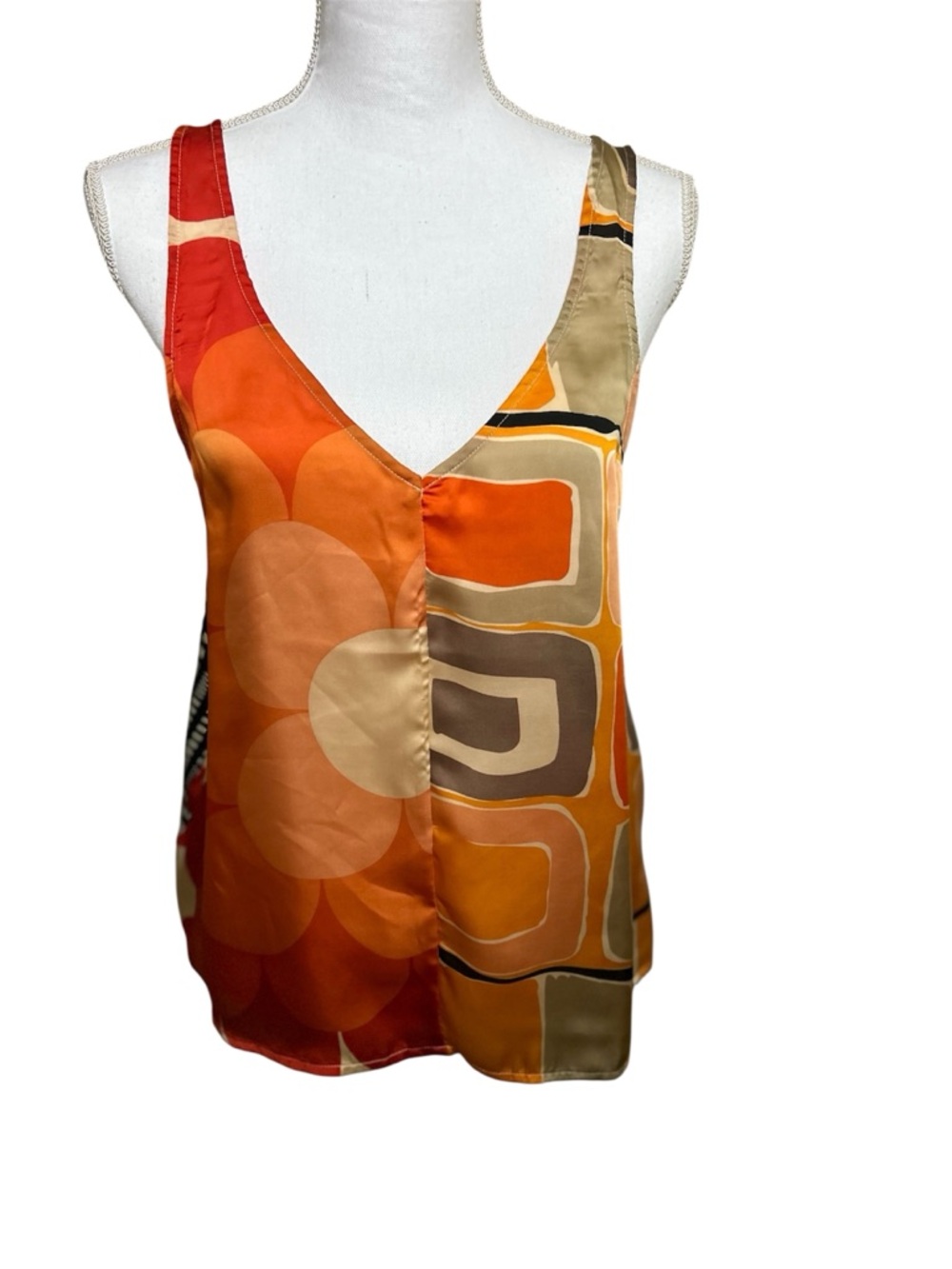 Women’s Orange Geo Floral/Black white back V-Neck Tank Top